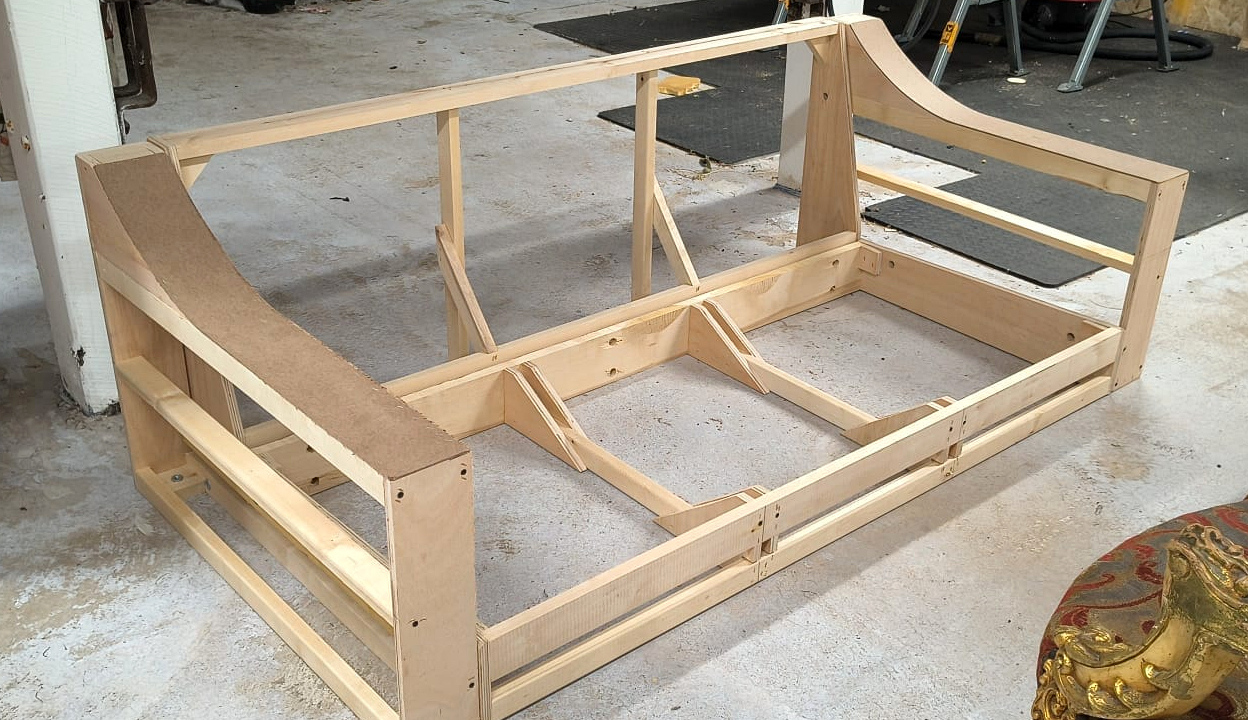 Actual Craft sofa frame in the Edinburgh workshop, showing kiln-dried timber and frame-grade plywood construction