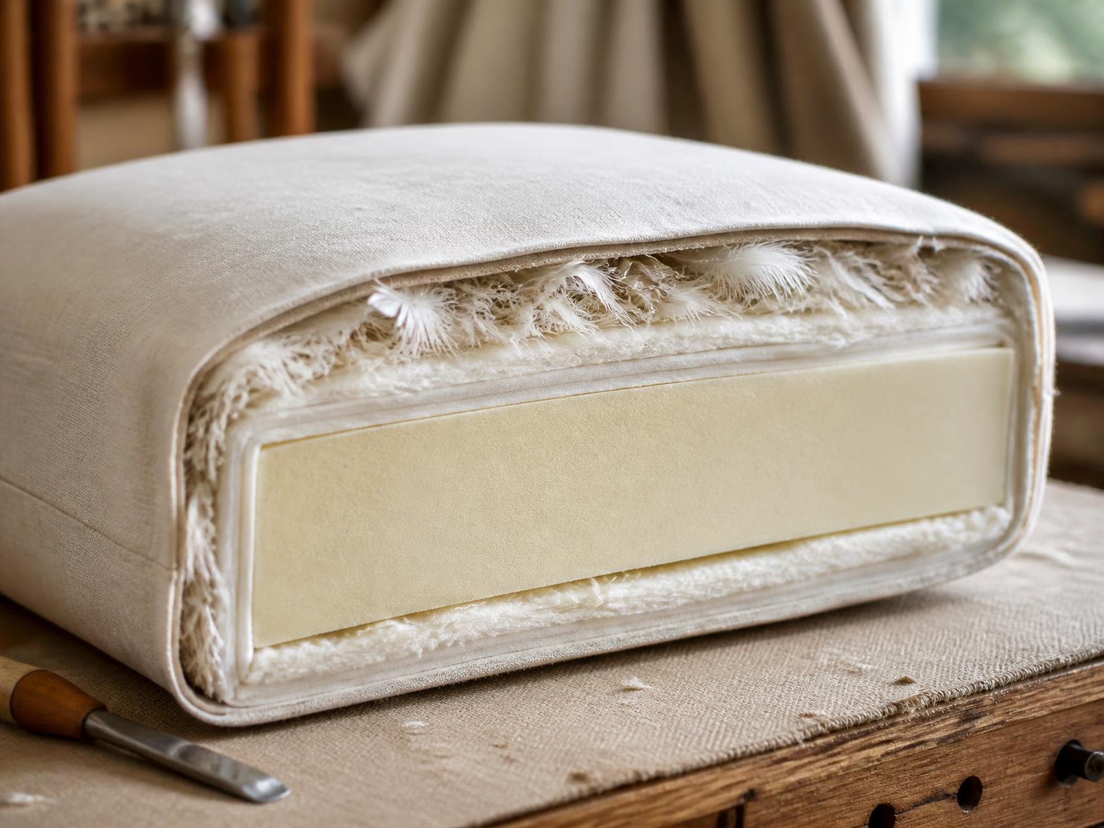 Cut-away seat cushion showing a high-density foam core wrapped in feather-fibre layers and calico casing