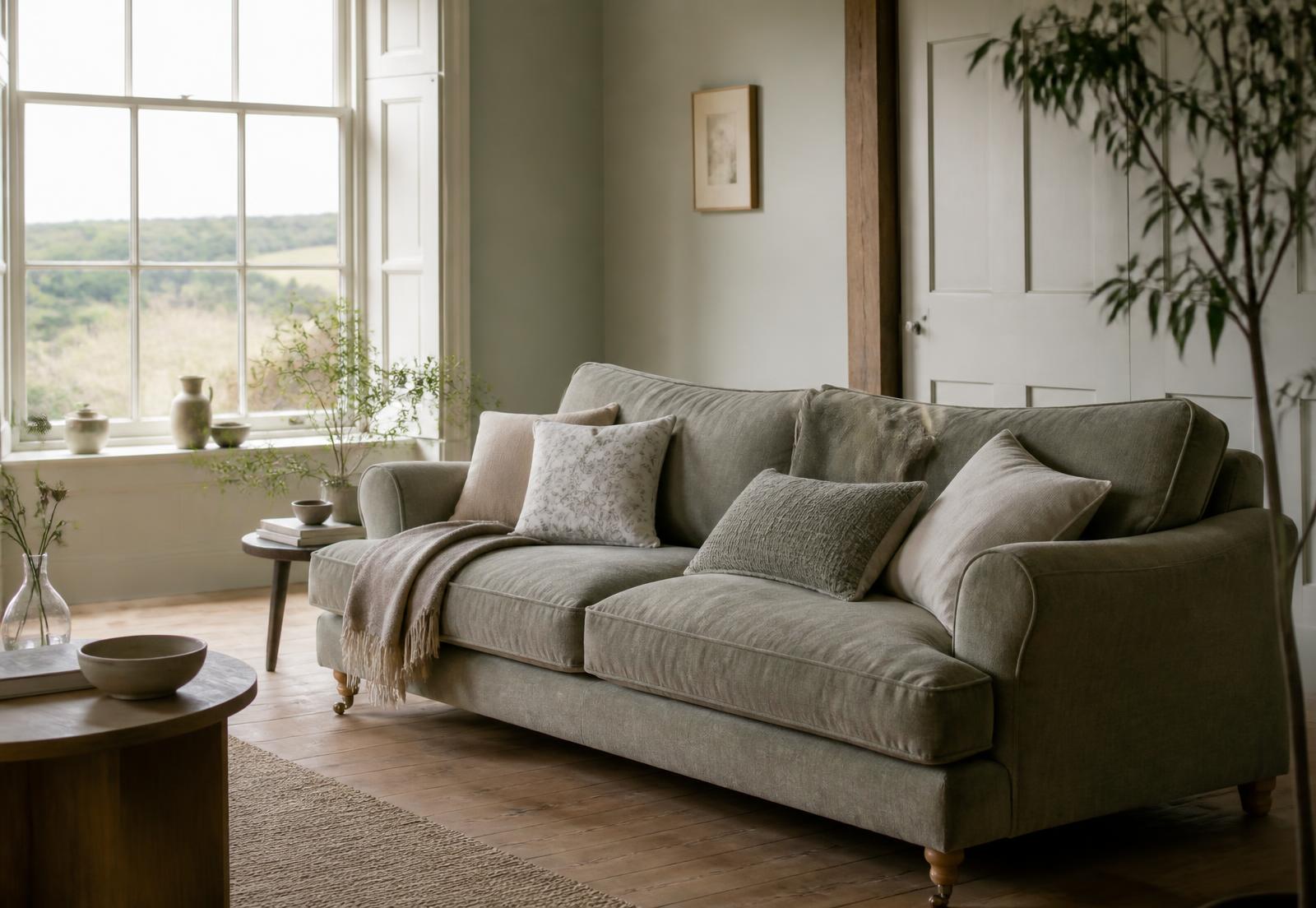 Handmade Craft sofa sized to a bright Scottish living room, seen in natural daylight