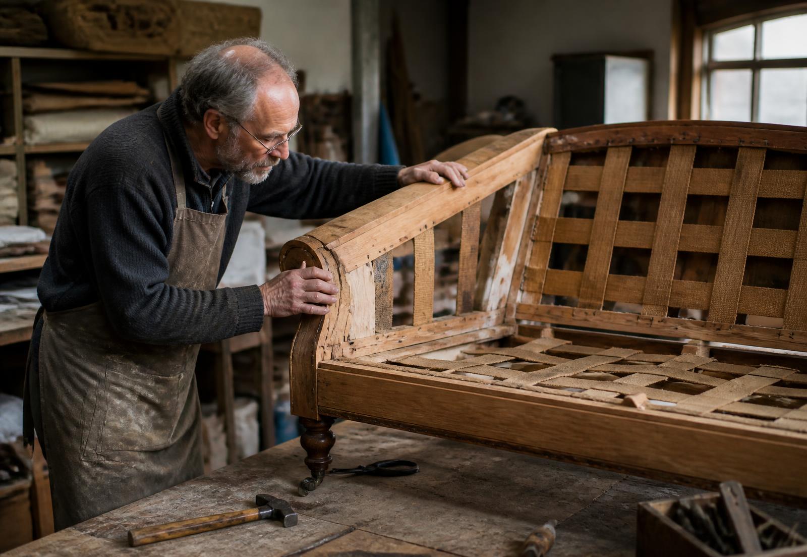Experienced upholsterer inspecting the inside of an old sofa frame during a repair