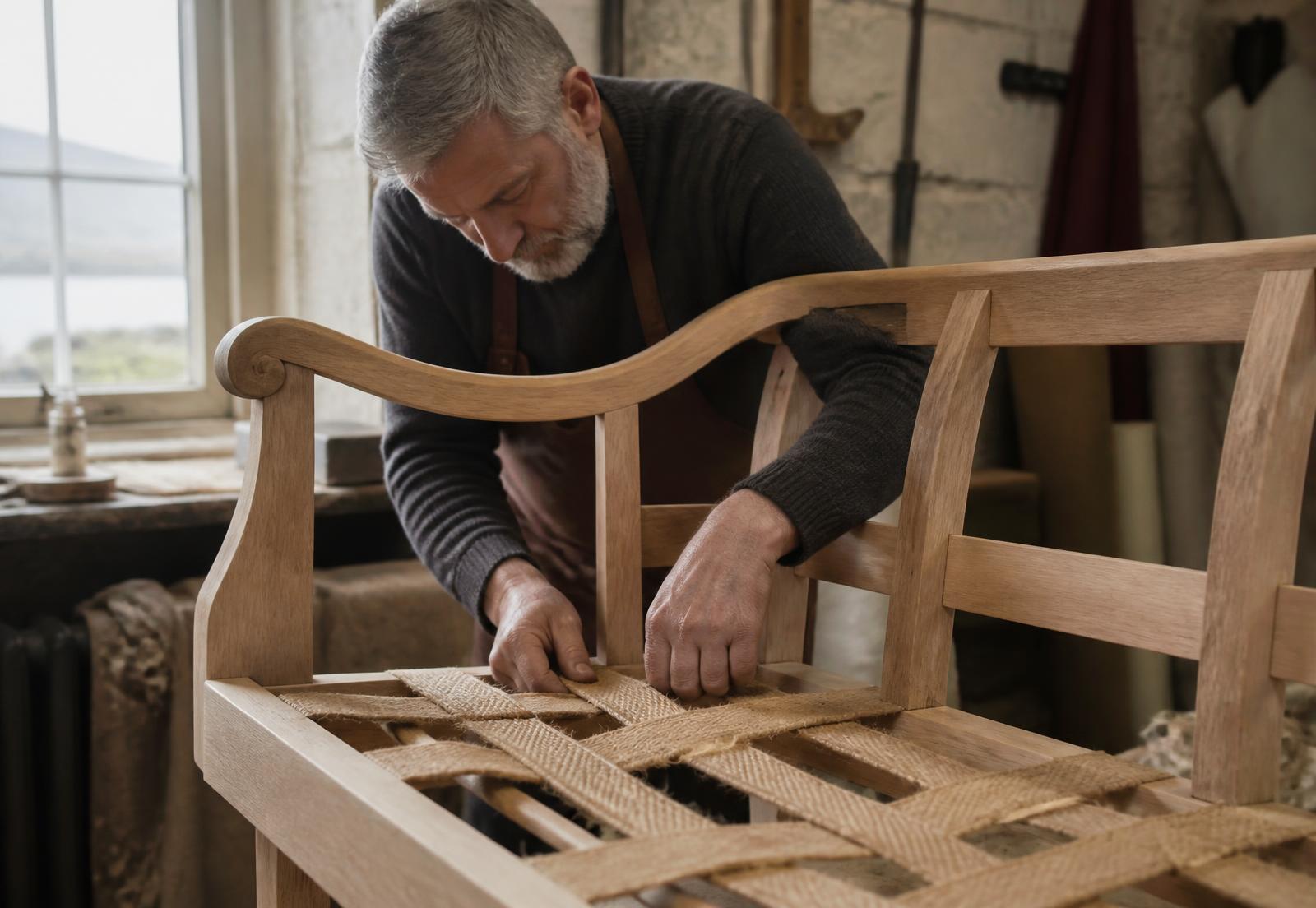 Craftsman opening up a sofa in the Craft Sofas workshop to service and repair it